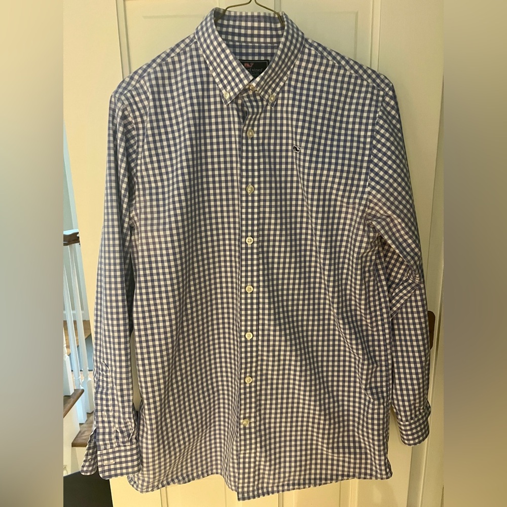 EUC VINEYARD VINES Whale Shirt Gingham Check Light Blue White Button Down XL